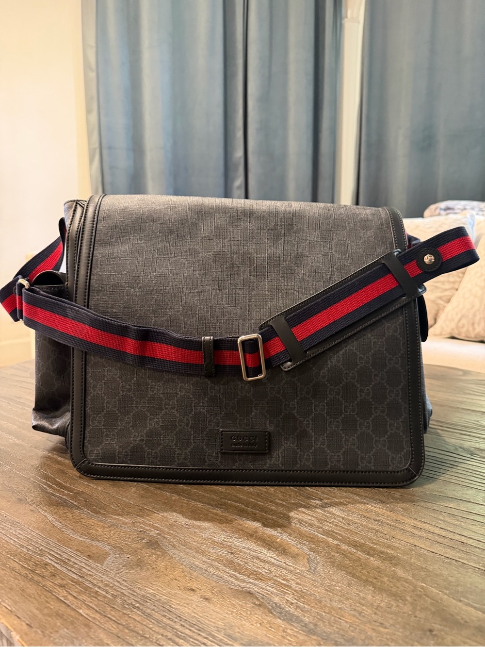 Authentic Gucci Black/Gray Messenger/ Diaper Bag with Red and Blue Web Strap